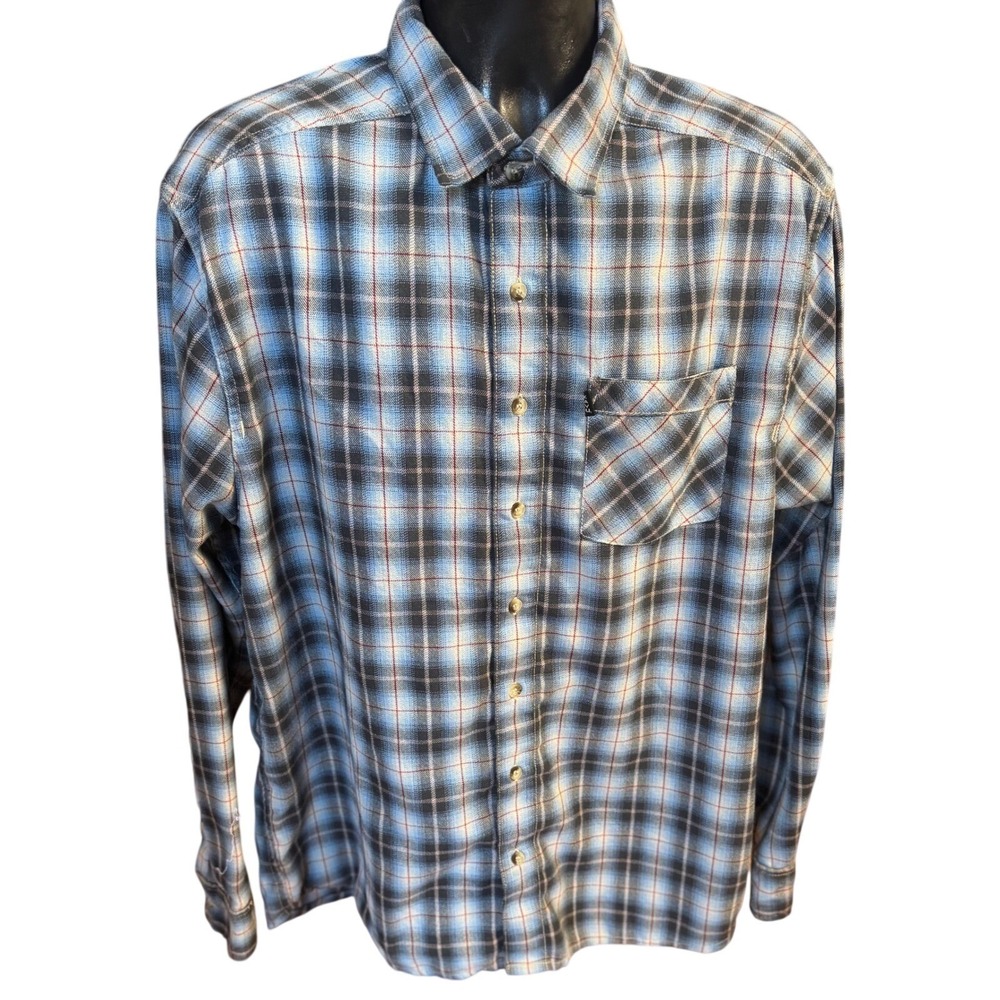 KAVU Mens XL Blue Plaid Long Sleeve Button Down Shirt Polyester Flannel‎ Style